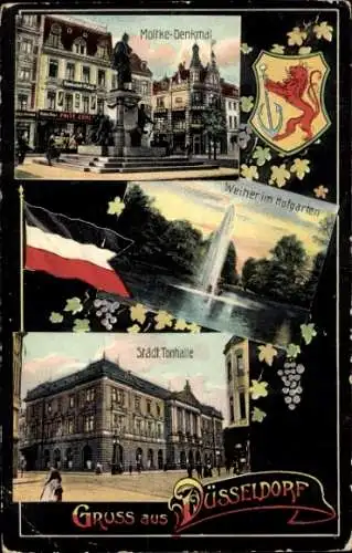 Ak Düsseldorf am Rhein, Wappen, Moltke-Denkmal, Hofgarten, Weiher, Städtische Tonhalle