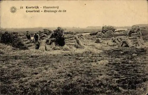 Ak Kortrijk Kortrijk Westflandern, Röste von Flachs