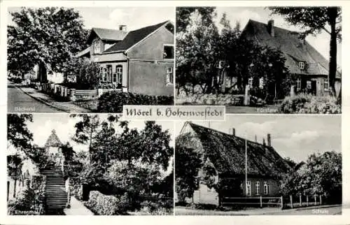 Ak Mörel in Holstein, Bäckerei, Försterei, Schule, Ehrenmal