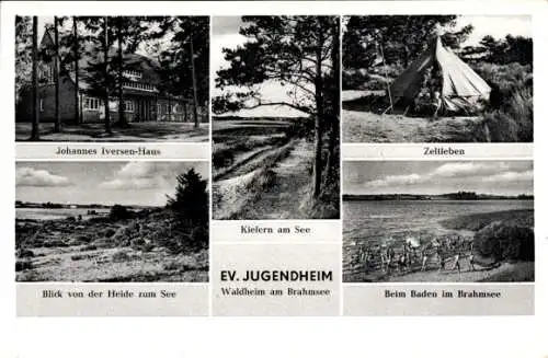 Ak Langwedel in Holstein, Waldheim am Brahmsee, Johannes Iversen-Haus, Zeltleben, Blick von Heide