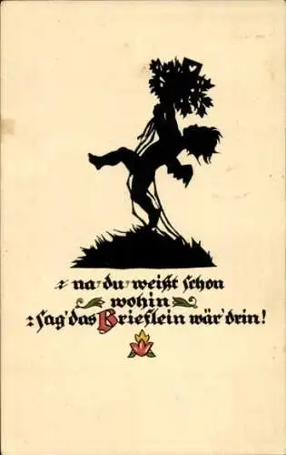 Scherenschnitt Künstler Ak Plischke, Georg, Engel mit Blumenstrauß, Na du weißt schon wohin...