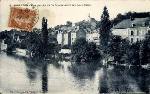 Ak Argenton sur Creuse Indre, Rive gauche de la Creuse entre les deux Ponts