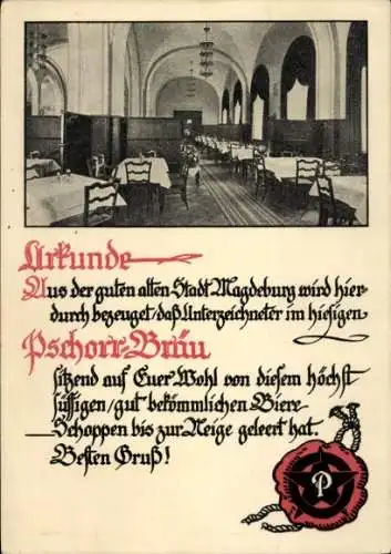 Ak Magdeburg an der Elbe, Pschorr-Bräu, Urkunde