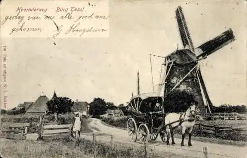 Ak Den Burg Texel Nordholland Niederlande, Hoornderweg, Windmühle, Kutsche