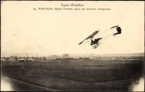 Ak Lyon, Paulhan, Farman-Doppeldecker, Flugpioniere