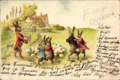 Litho Glückwunsch Ostern, Tanzende Osterhasen, Ostereier