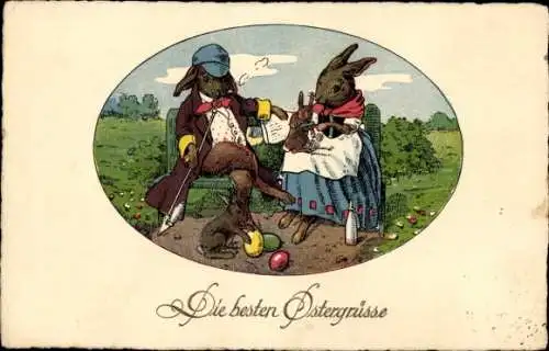 Ak Glückwunsch Ostern, Osterhasen-Familie, Ostereier