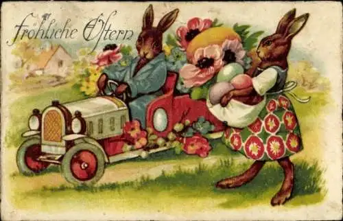 Ak Glückwunsch Ostern, Osterhase im Auto, Blumen, Ostereier