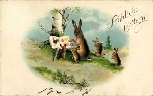 Ak Glückwunsch Ostern, Osterhase macht einen Unterricht, Ostereier