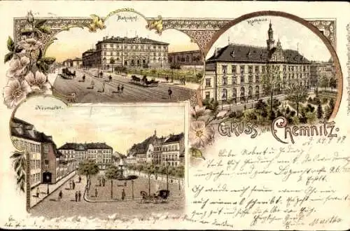 Litho Chemnitz Sachsen, Rathaus, Bahnhof, Neumarkt