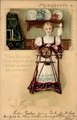 Präge Litho Goethes Faust, Margarete 5, Meine Ruh ist hin.., Spinnrad