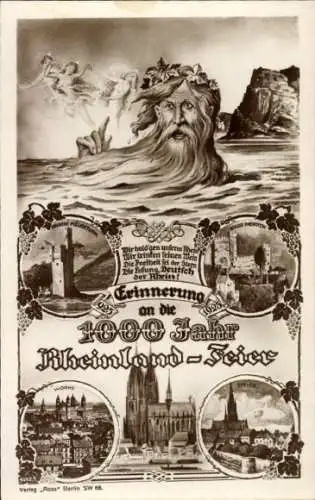 Ak 1000-Jahrfeier Rheinland, Vater Rhein, Kölner Dom, Binger Mäuseturm, Schloss Rheinstein