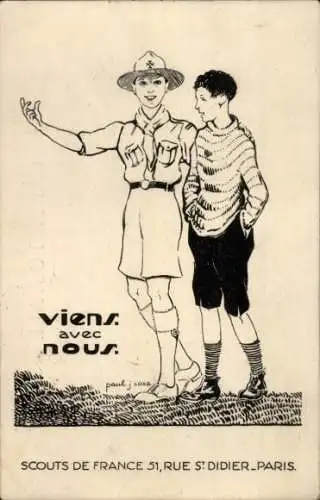 Künstler Ak Paris XVI., Viens avec nous, Scouts de France, Rue St. Didier, Pfadfinder