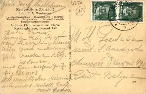 Ak Recklinghausen im Ruhrgebiet, Kunibertiburg, Burghof-Konzerthaus, Börse, Lichtspiele, Café