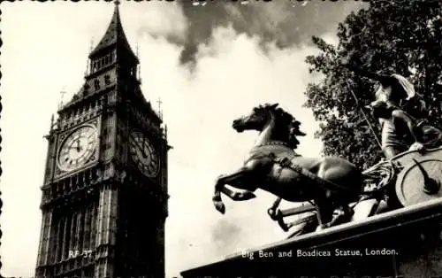 Ak London City, Blick auf Big Ben und Boadicea-Statue, Denkmal