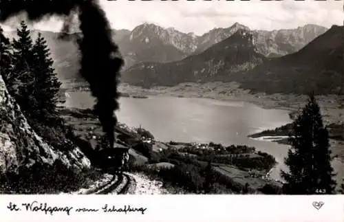 Ak St. Wolfgang Oberösterreich, Blick vom Schafberg, See, Berge, Lokomotive