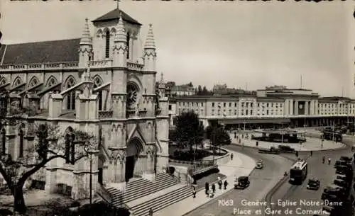 Ak Genf Genf Schweiz, Kirche Notre Dame, Place und Gare de Cornavin