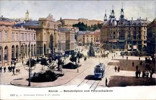 Ak Zürich Stadt Schweiz, Bahnhofplatz, Polytechnikum, Straßenbahn