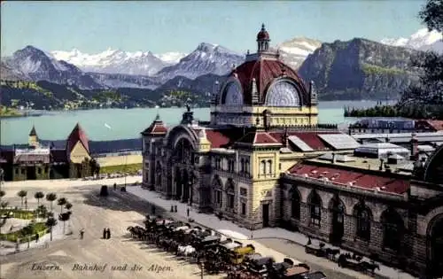 Ak Luzern Stadt Schweiz, Bahnhof, Alpen