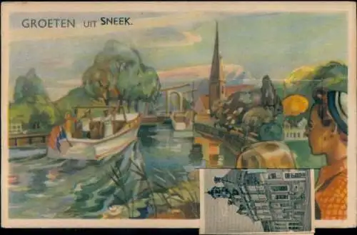 Leporello Ak Sneek Friesland Niederlande, Motorboot, Kirche, Passanten, Straße