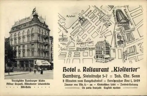 Stadtplan Ak Hamburg Altstadt, Hotel und Restaurant Klostertor, Steinstraße 5-7