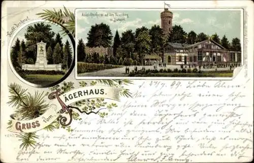 Litho Hasenberg Stuttgart in Baden Württemberg, Jägerhaus, Aussichtsturm, Hauff-Denkmal