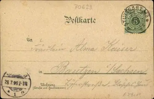 Litho Hasenberg Stuttgart in Baden Württemberg, Jägerhaus, Aussichtsturm, Hauff-Denkmal