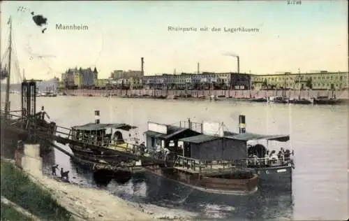 Ak Mannheim in Baden, Rhein, Lagerhäuser, Boote