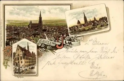 Litho Ulm an der Donau, Gesamtansicht, Rathaus