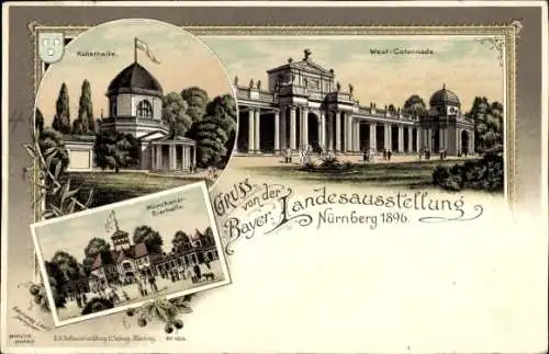 Litho Nürnberg in Mittelfranken Bayern, Landesausstellung 1896, Kunsthalle, West-Kolonnade