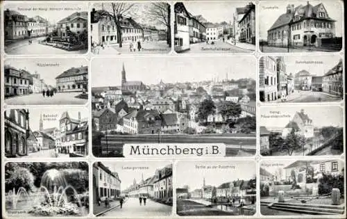 Ak Münchberg in Oberfranken Bayern, Bahnhofstraße, Ludwigstraße, Stadtpark, Turnhalle