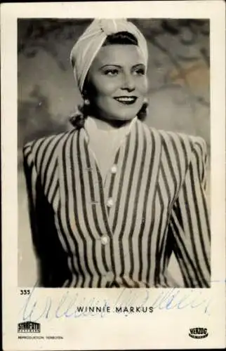 Ak Schauspielerin Winnie Markus, Portrait, Turban, Autogramm