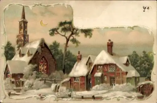 Halt gegen das Licht Winter Litho Kirche und Wohnhaus im Winter