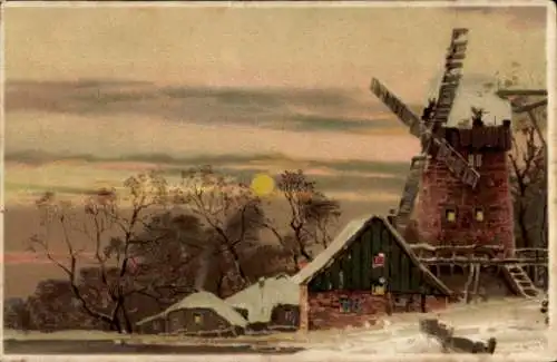 Halt gegen das Licht Litho Landschaft mit Windmühle, Winter