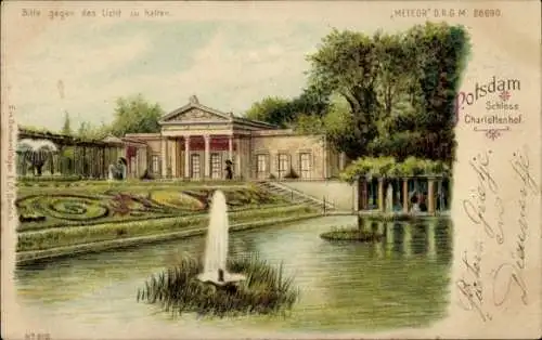 Halt gegen das Licht Litho Potsdam in Brandenburg, Schloss Charlottenhof, Brunnen, Meteor