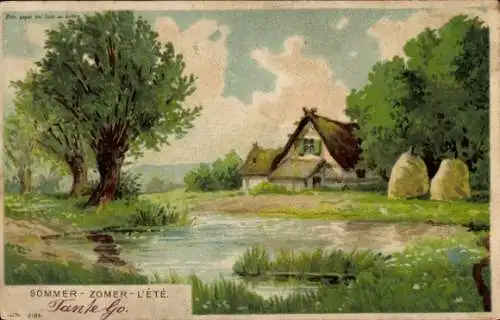 Haltgegendaslicht Künstler Litho Sommer, Uferpartie mit Landhaus