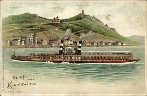 Litho Königswinter am Rhein, Salondampfer, Drachenburg, Drachenfels, Mondschein