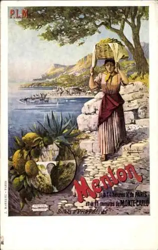 Künstler Ak Menton Alpes Maritimes, Reklame, Französische Eisenbahn, PLM