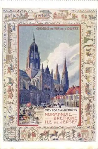 Litho Ak Normandie Calvados, Chemins de Fer de l´État, Montage, Tapisserie de Bayeux, Église