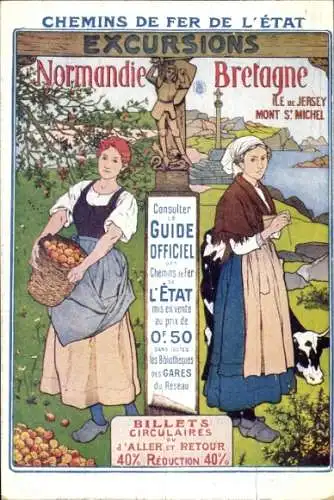 Künstler Ak Chemins de Fer de l'Etat, Excursions Normandie Bretagne, Femmes en costume, Ernte