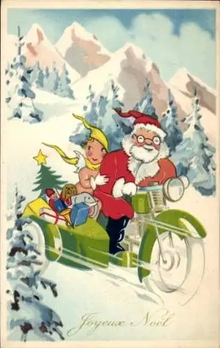 Ak Glückwunsch Weihnachten, Weihnachtsmann und Engel auf einem Motorrad