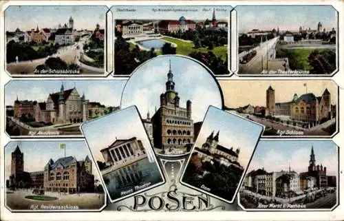 Ak Poznań Posen, Königliche Akademie, Schlossbrücke, Rathaus, Neues Theater