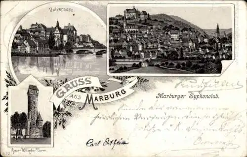 Litho Marburg an der Lahn, Marburger Syphoncluv, Universität, Kaiser Wilhelm Turm, Totale