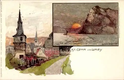 Künstler Litho St. Goar am Rhein, Stadtansicht, Loreleyfelsen