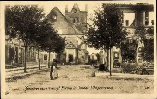 Ak Działdowo Soldau Ostpreußen, Zerschossene evangelische Kirche, 1. WK