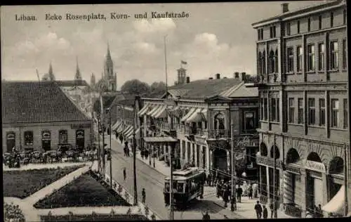 Ak Liepaja Libau Lettland, Rosenplatz, Kornstraße, Kaufstraße, Straßenbahn