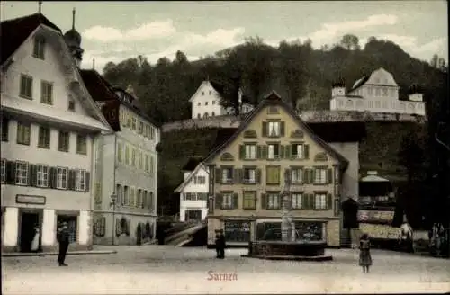 Ak Sarnen Kanton Obwalden, Marktplatz, Brunnen