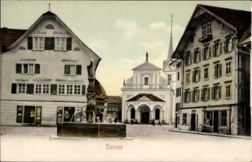 Ak Sarnen Kanton Obwalden, Marktplatz, Brunnen