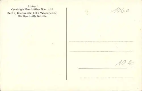 Ak Berlin Mitte, Union Vereinigte Kaufstätten GmbH, Brunnenstraße Ecke Veteranenstraße