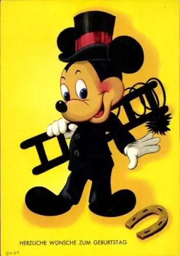 Ak Walt Disney, Micky Maus, Schornsteinfeger, Hufeisen, Glückwunsch zum Geburtstag